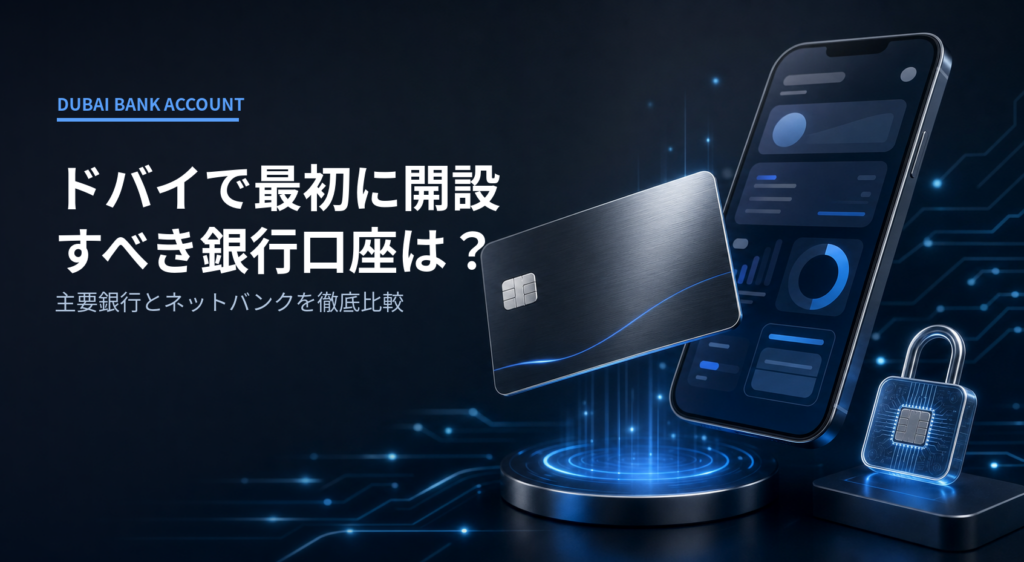 デジタル銀行を連想させる青系背景に、金属カードとスマホ画面、ロックが配置された口座開設の広告画像。