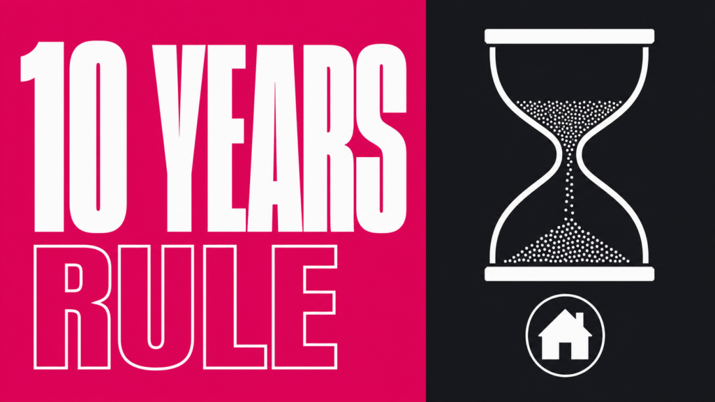 Left magenta panel with bold white '10 YEARS' and 'RULE'; right black panel shows a white hourglass and a circular home icon.