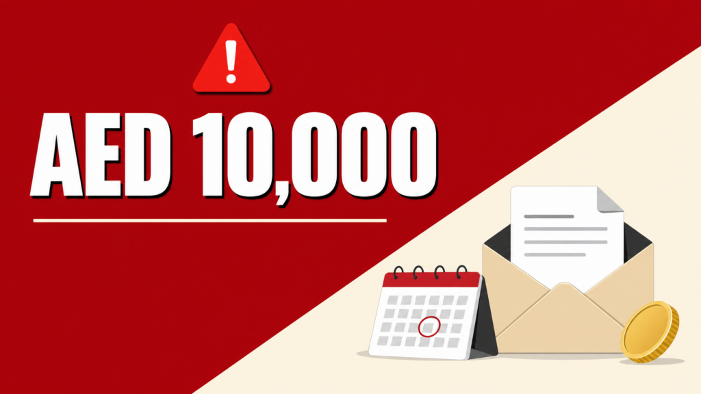 Bold 'AED 10,000' on a red background with a warning triangle; to the right, an envelope with papers, a calendar, and a coin.