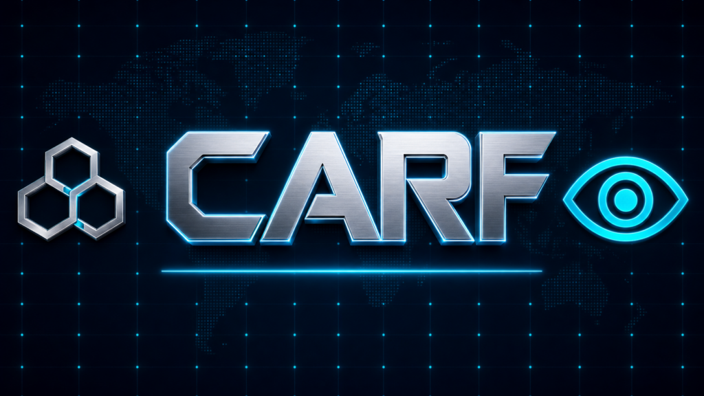 Neon metallic 'CARE' text with blue glow, flanked by a hexagon logo on the left and a glowing eye icon on the right, over a dotted world map background with an underline.