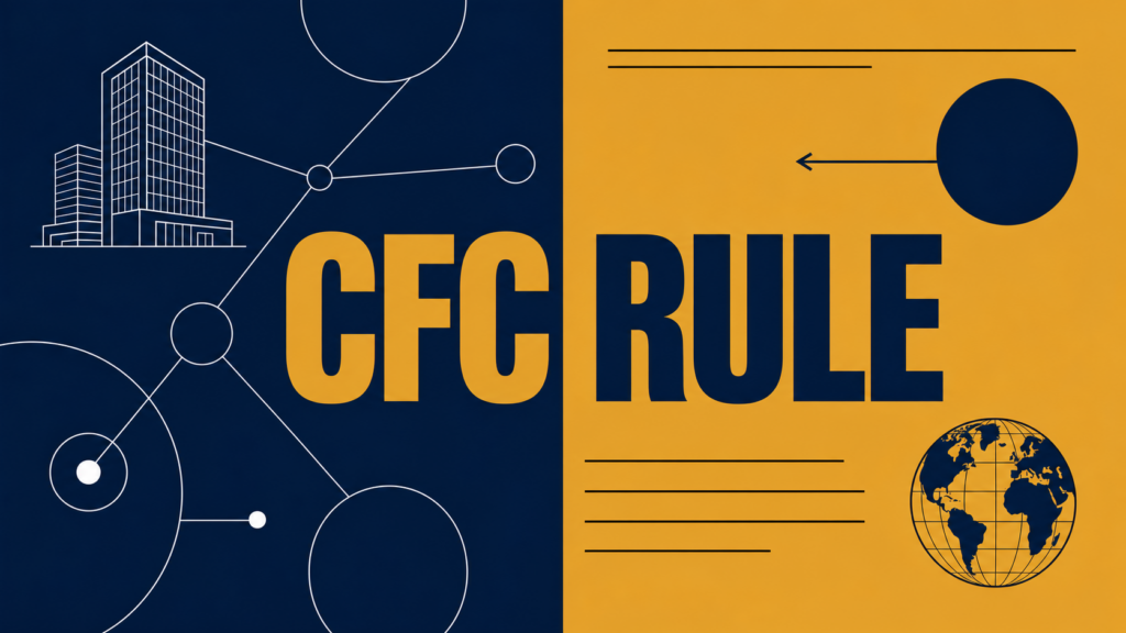 Blue left panel with interconnected circles and a building schematic; gold right panel displays bold 'CFCRULE' and a globe on the lower-right corner.