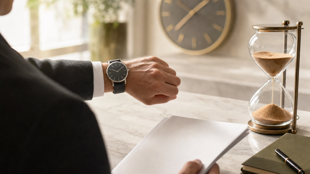 A person in a suit checks their wristwatch while writing in a notebook on a marble desk, with an hourglass nearby.