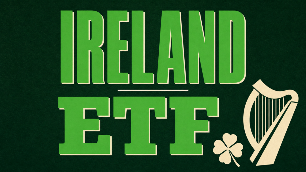 Bright green 'IRELAND' and 'EIRE' text with a harp and shamrock on a dark green background.