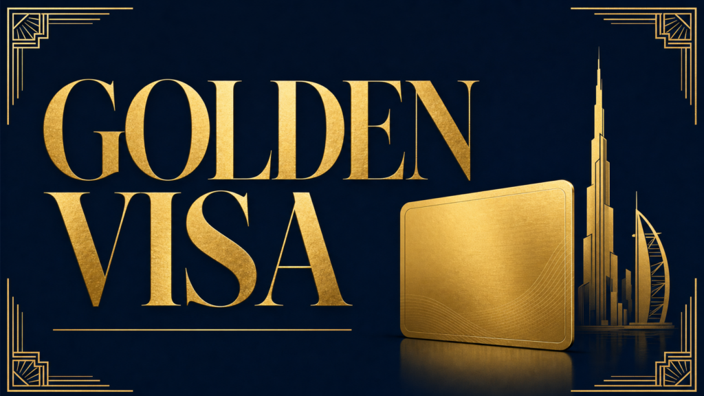 Golden Visa banner with large gold lettering on a dark blue background and a gold card silhouette beside a skyline illustration in Art Deco style.
