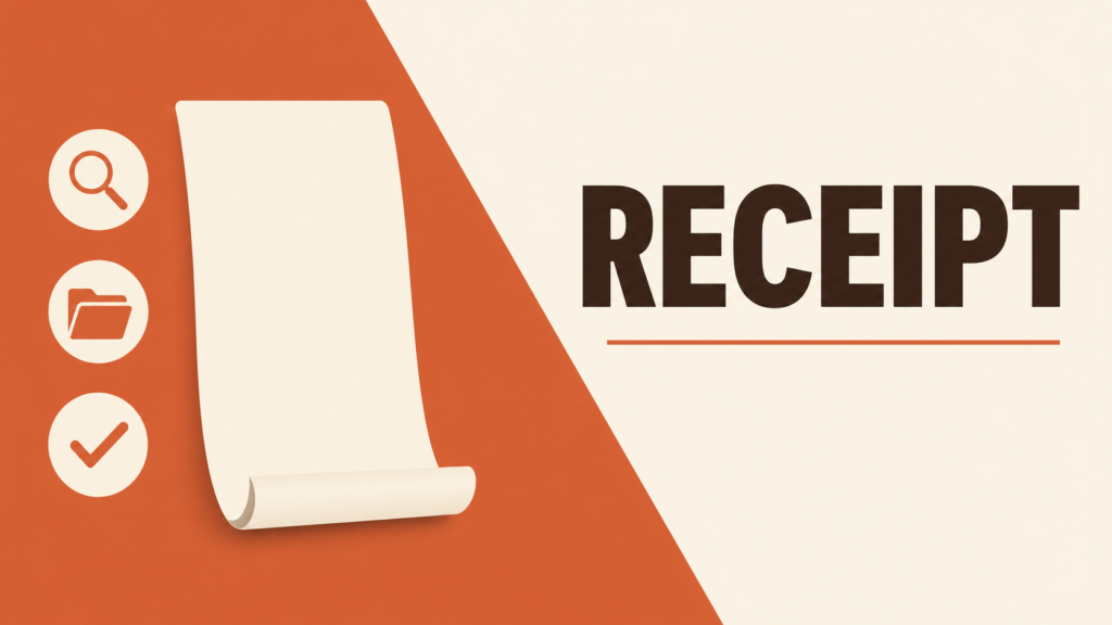 Bold 'RECEPT' text on a light background with an orange diagonal band and a rolled paper; left column shows circular icons for search, folder, and check mark.