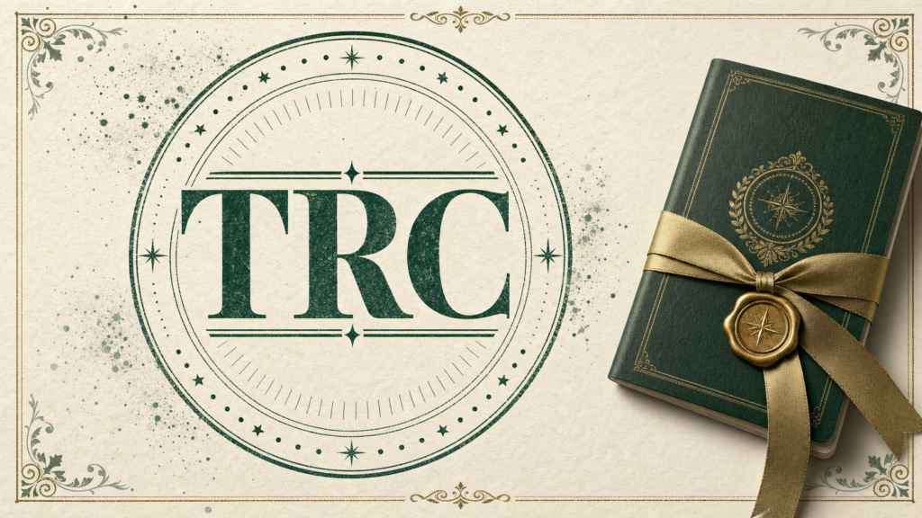 Vintage-style banner featuring a green circular TRC emblem and a wrapped dark green book with a gold ribbon and seal.
