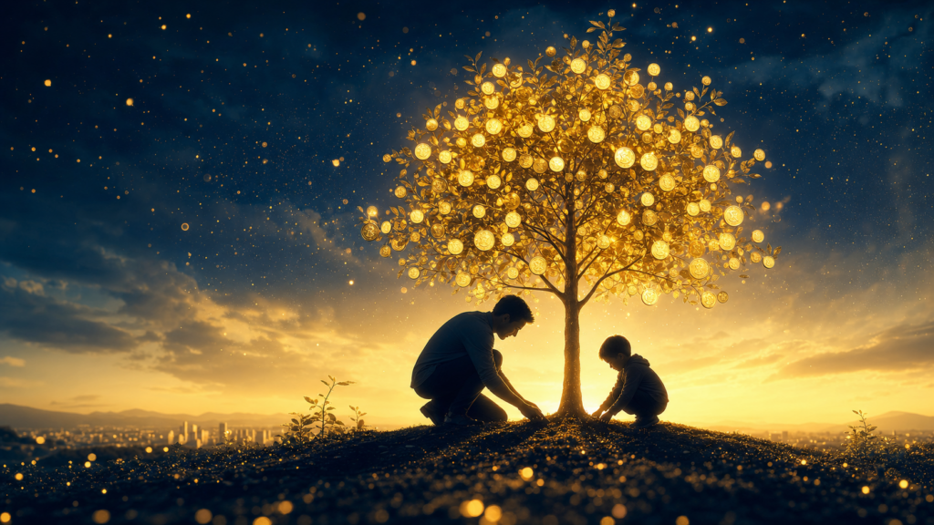 A glowing coin-leaved tree on a hill with two people planting coins at sunset, symbolizing wealth or growth.