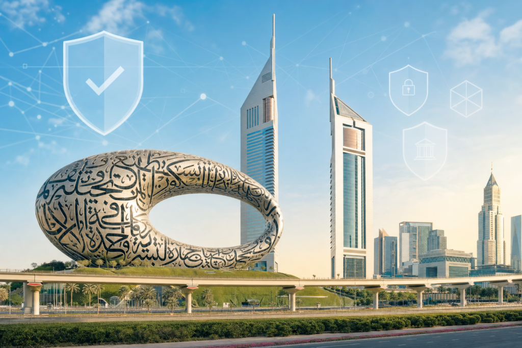 Dubai skyline with the donut-shaped sculpture and modern towers, overlaid by faint security shields and network lines, symbolizing cybersecurity in a smart city.