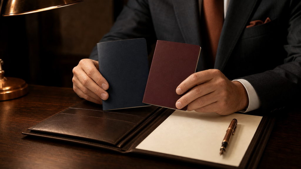 Businessman in a dark suit holds two small notebooks (navy and burgundy) over a leather desk pad with a gold pen nearby.
