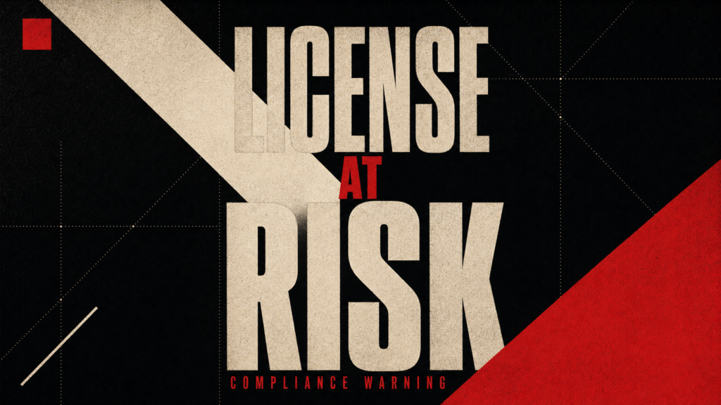 Bold poster-style graphic with a large beige word 'RISK' on a black background, red accents and diagonal shapes, and small red 'COMPLIANCE WARNING' text at the bottom; conveys a compliance risk warning.