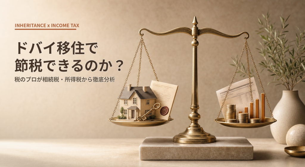 金色の天秤に左は家と文書、鍵、右はコインと上昇するグラフ。相続税と所得税の比較を示す画像。