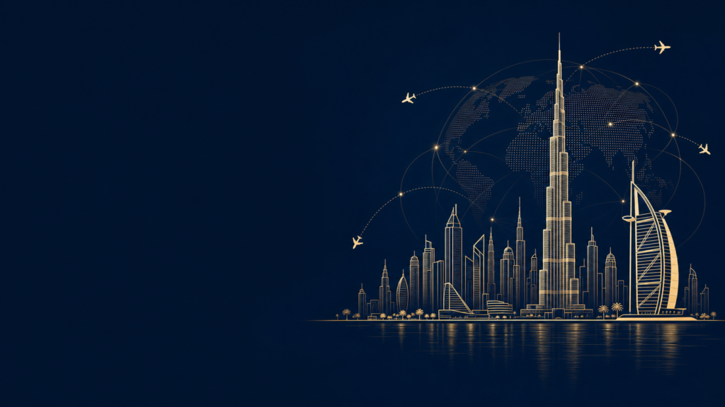 Gold-toned, futuristic city skyline at night with Burj Khalifa and waterfront reflections, connected by glowing flight paths and a dotted world map in the background.