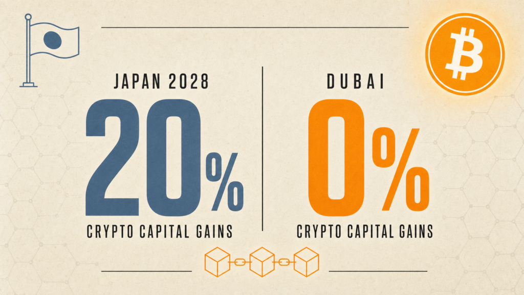 Infographic comparing crypto capital gains tax: Japan 20% vs Dubai 0%, with Bitcoin symbol and grid background.