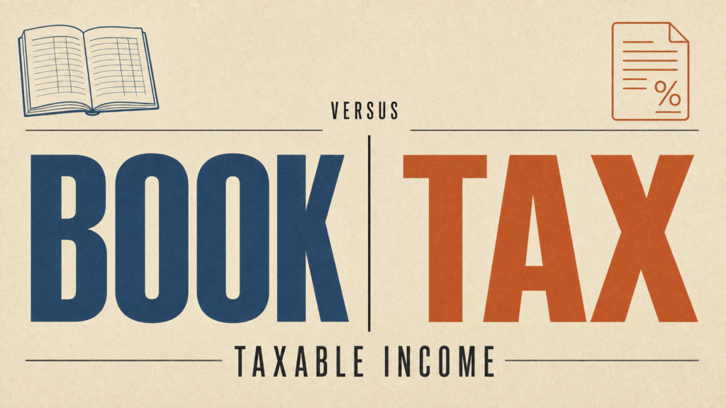 Infographic-style poster showing 'BOOK' in blue and 'TAX' in orange with 'Versus' above and 'Taxable Income' below; book icon left, percent/document icon right.