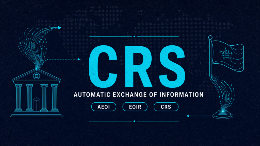 Blue digital illustration for CRS—Automatic Exchange of Information—featuring a classical government building on the left, a flowing flag on the right, and large CRS text in the center on a dark blue background (buttons for AEOI, EOIR, CRS shown).