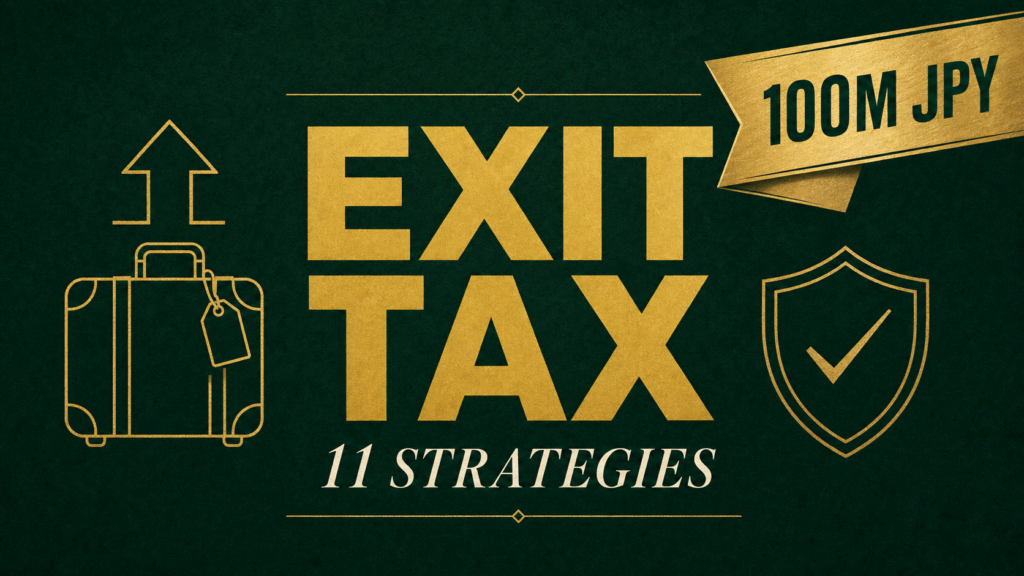 Informational graphic about exit tax strategies: bold gold 'EXIT TAX' with '11 STRATEGIES' subtitle, a gold '100M JPY' banner, and icons of a suitcase, up arrow, and shield with a checkmark on a dark green background