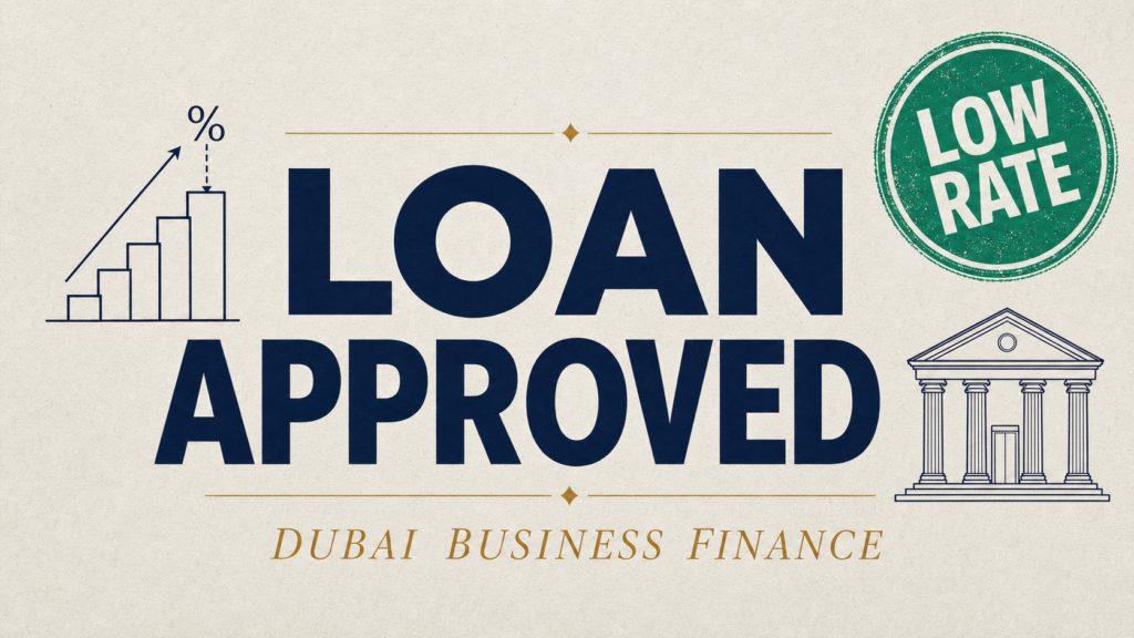 Big navy text reads LOAN APPROVED with a decorative line and gold subtitle Dubai Business Finance; left shows a rising bar chart, right shows a green LOW RATE stamp and a classical bank building outline.