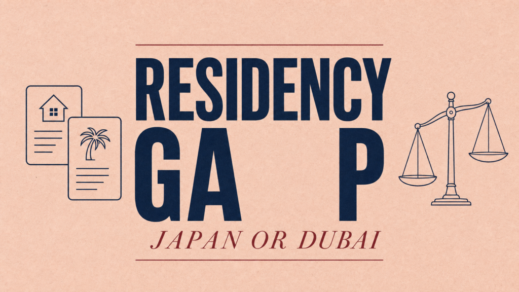 Banner titled Residency Gap: Japan or Dubai, with house and palm-card icons on the left and scales of justice on the right.