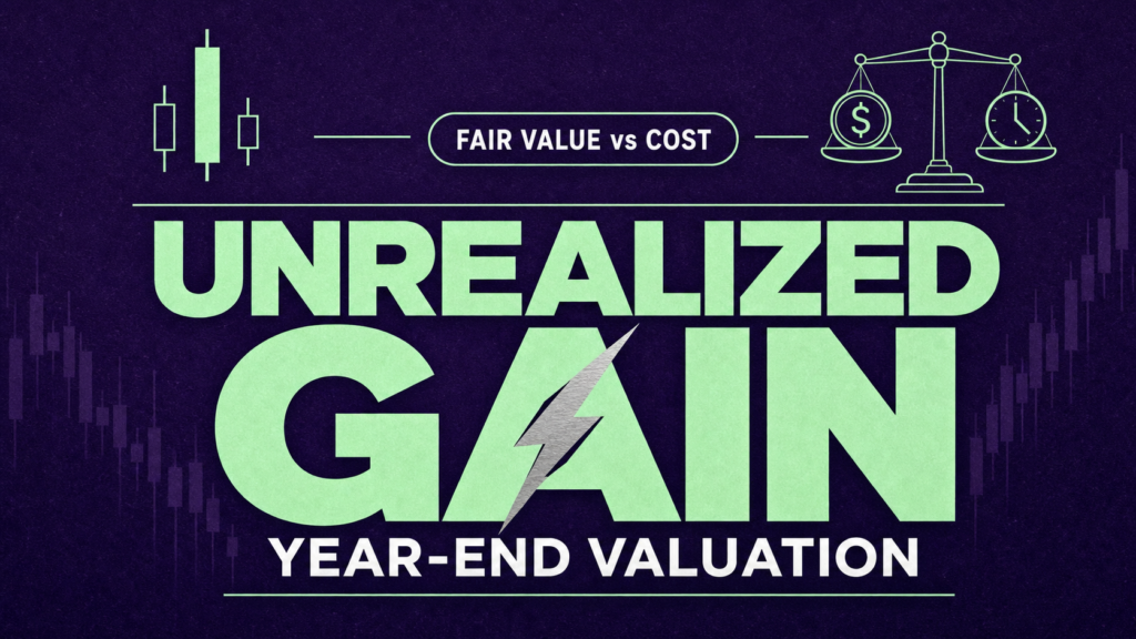 Dark purple financial infographic with large mint text 'UNREALIZED GAIN' and 'YEAR-END VALUATION'; banner reads 'FAIR VALUE vs COST' and stock/currency icons flank the top.