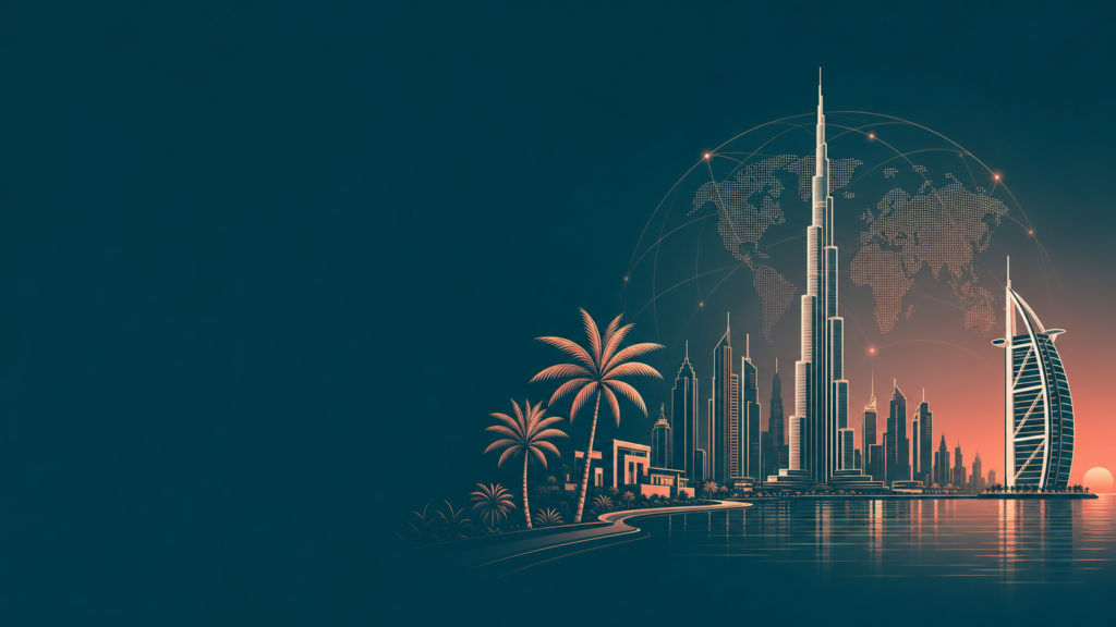 Futuristic city skyline at sunset by the water, with palm trees and a world map network overlay in the sky.