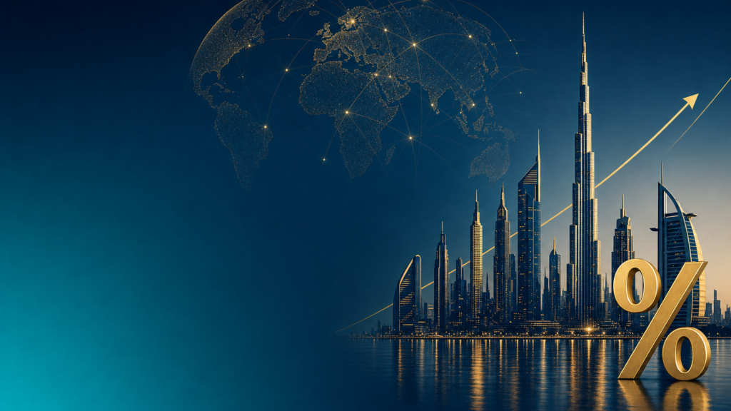 Gold percent symbol in the foreground overlooking a futuristic city skyline at dusk, symbolizing global economic growth.