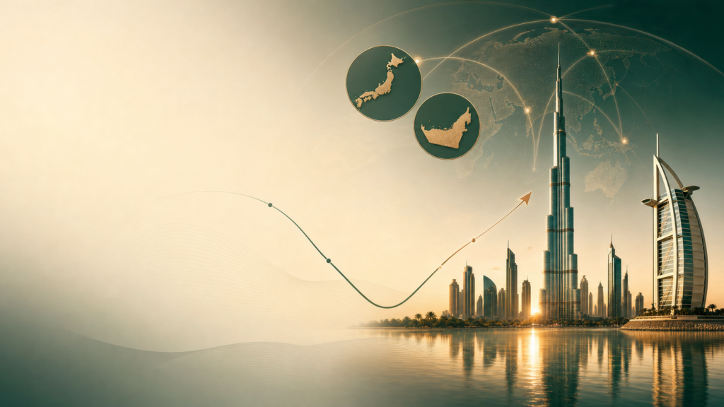 Futuristic global business illustration showing Dubai skyline, map circles, and a rising growth line on a gradient background.