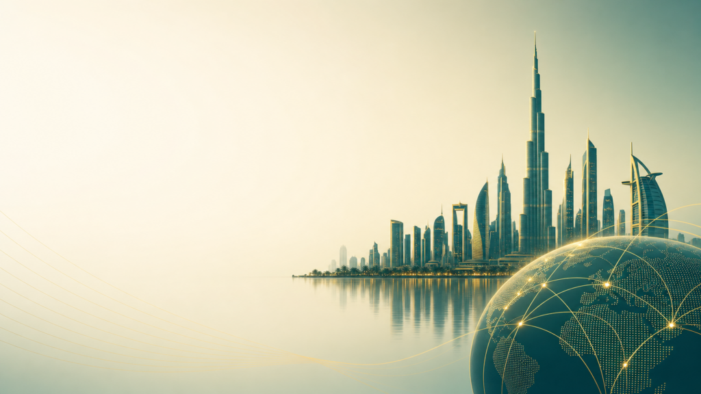 Futuristic city skyline along a calm coast with a glowing, networked globe in the foreground.