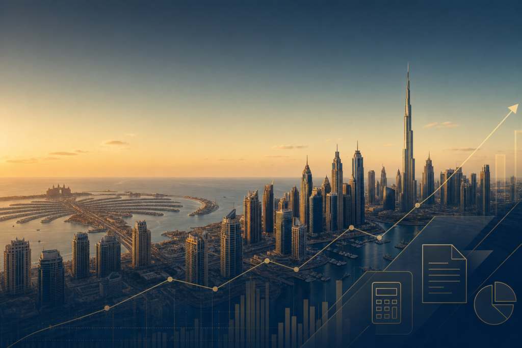 Sunset over the Dubai skyline, featuring the Burj Khalifa, with a translucent data-analytics overlay and graphs.