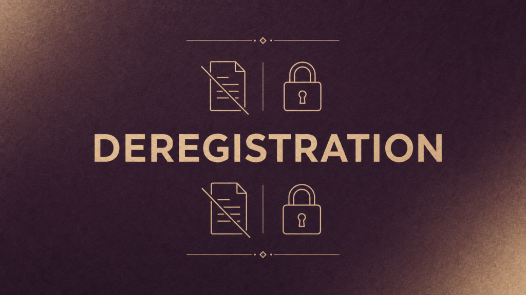 DEREGISTRATION banner with crossed-out document icon and a padlock, decorative lines framing the text (purpose: deregistration)