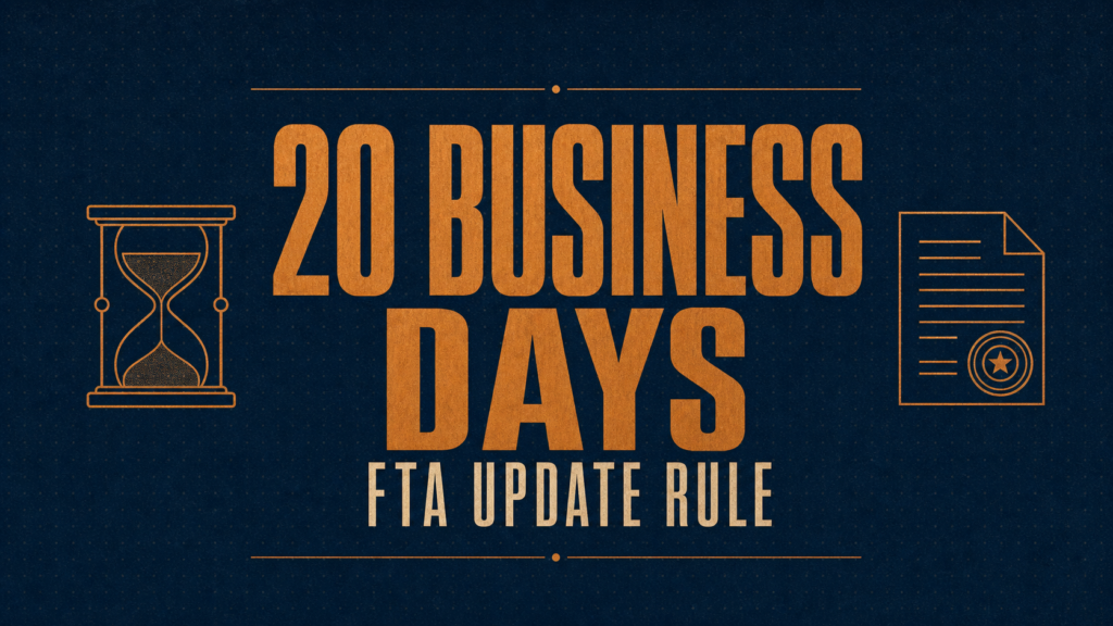 Banner graphic: orange text says '20 BUSINESS DAYS' with an hourglass icon on the left and a document icon on the right on a dark blue background. The subtitle reads 'FTA UPDATE RULE'.