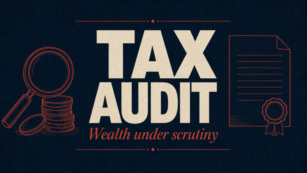 Large 'TAX AUDIT' title with a magnifying glass and coins on the left and a certificate on the right; subtitle reads 'Wealth under scrutiny' on a dark blue textured background.