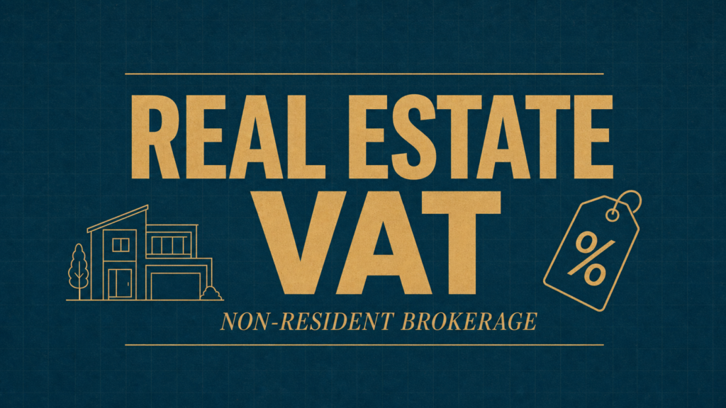 Gold title reading 'REAL ESTATE VAT' with subtitle 'NON-RESIDENT BROKERAGE' on a blue textured background, flanked by a line-art house on the left and a percentage tag on the right.