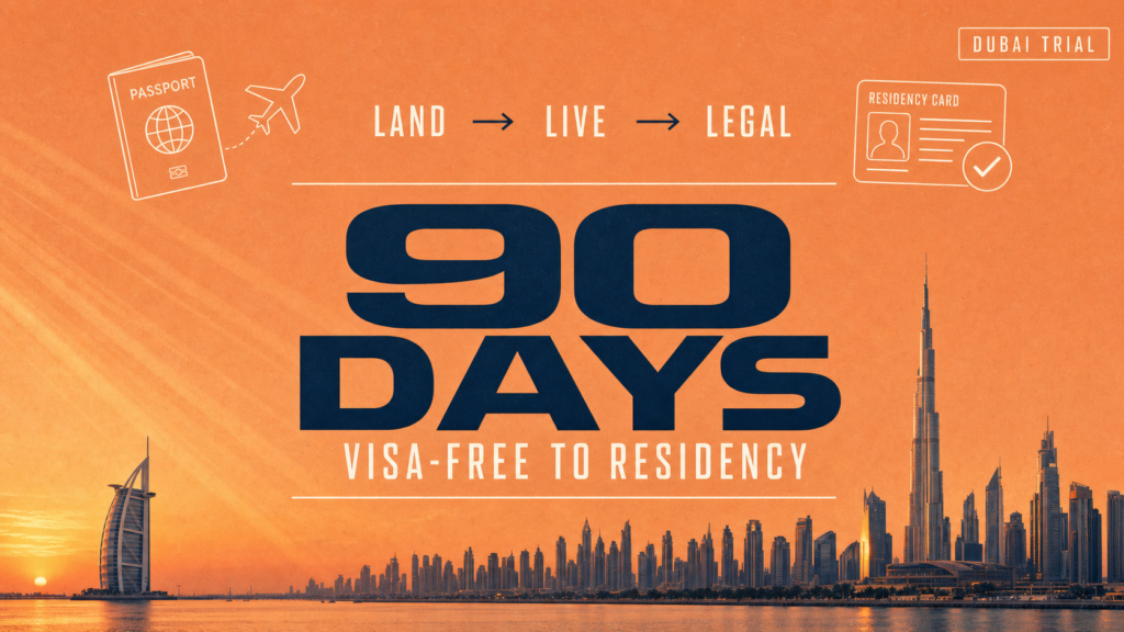 Promotional banner showing Dubai skyline at sunset with bold '90 DAYS' and the message 'Visa-free to Residency' text.