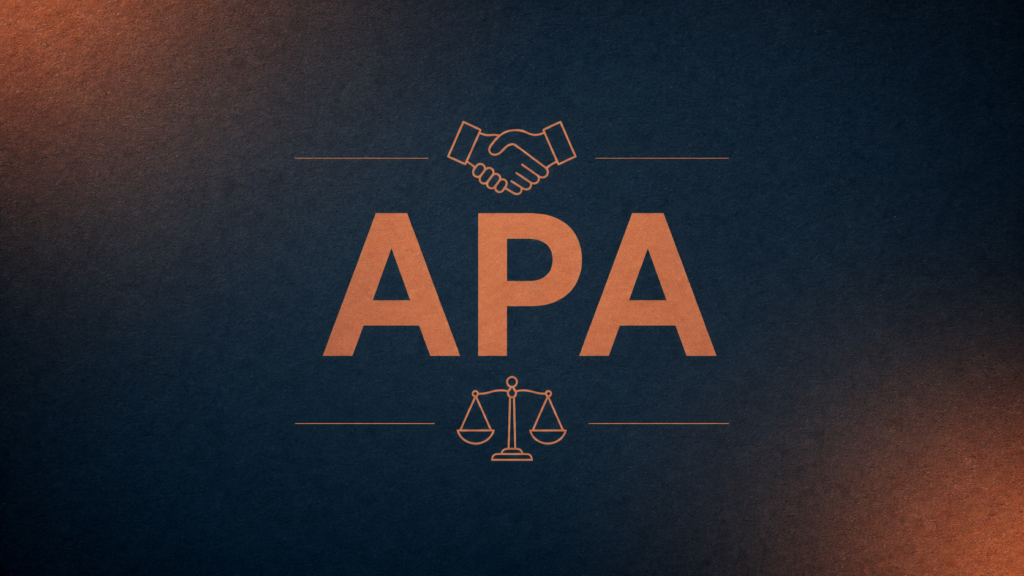 Stylized APA with a handshake icon above and scales of justice below on a dark textured background.