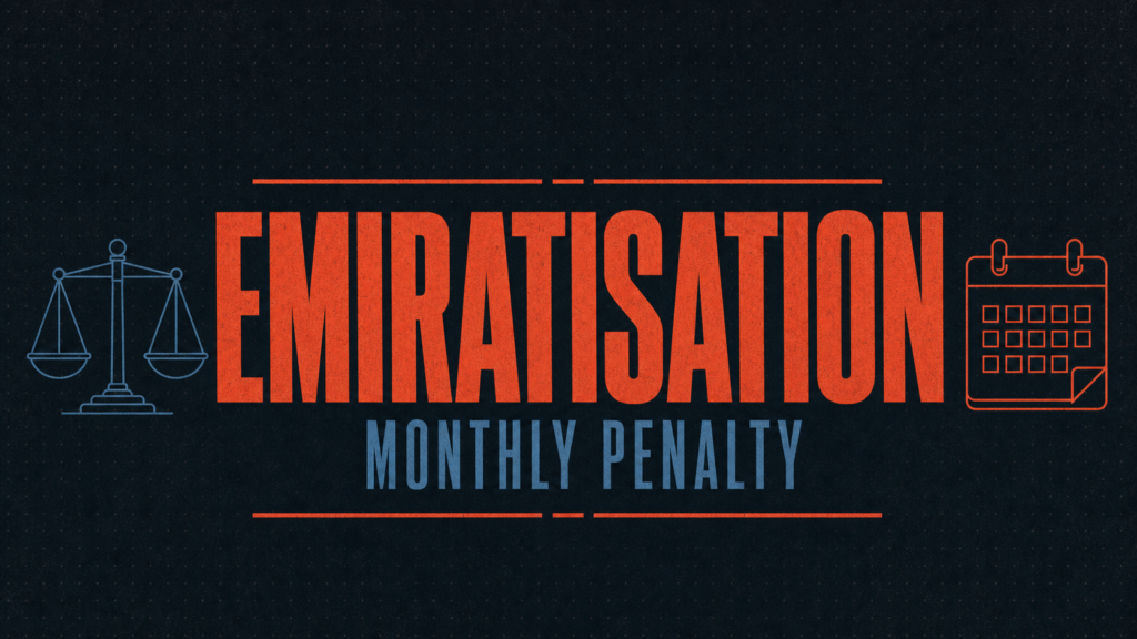 Bold orange text reads EMIRATISATION with a blue scales icon on the left, a blue calendar icon on the right, and 'MONTHLY PENALTY' in blue beneath on a dark textured background.