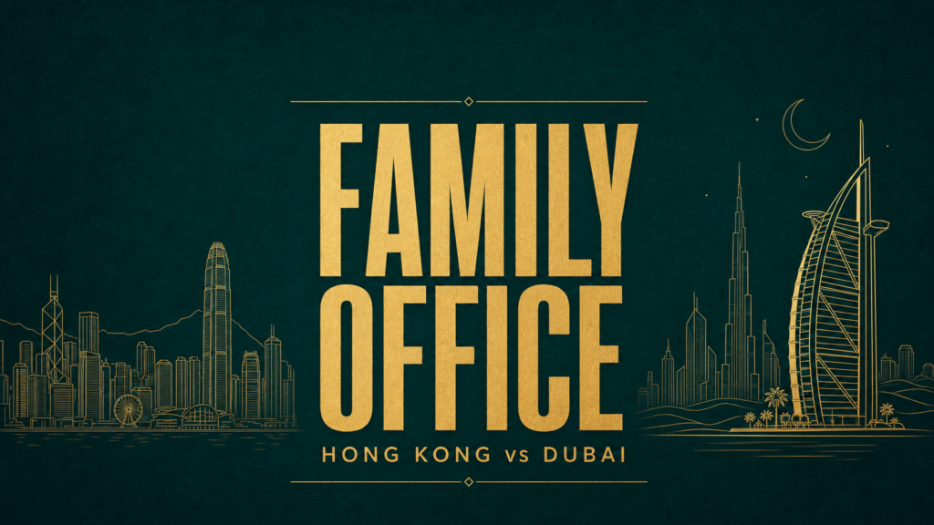 Golden typography reading 'FAMILY OFFICE' with HK and Dubai skyline outlines on a dark teal background (hero banner).