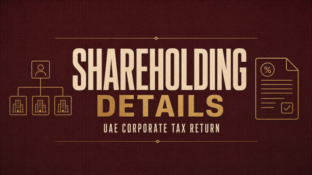 Banner reading 'SHAREHOLDING DETAILS' and 'UAE CORPORATE TAX RETURN'; left org-chart icon, right document icon.