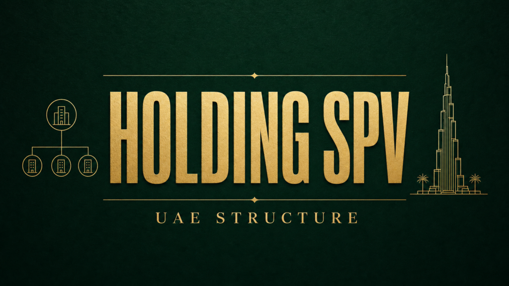 Gold-on-dark-green hero: 'HOLDING SPV' with 'UAE STRUCTURE' beneath, left circular org-chart icon, right skyline resembling Dubai's Burj Khalifa.