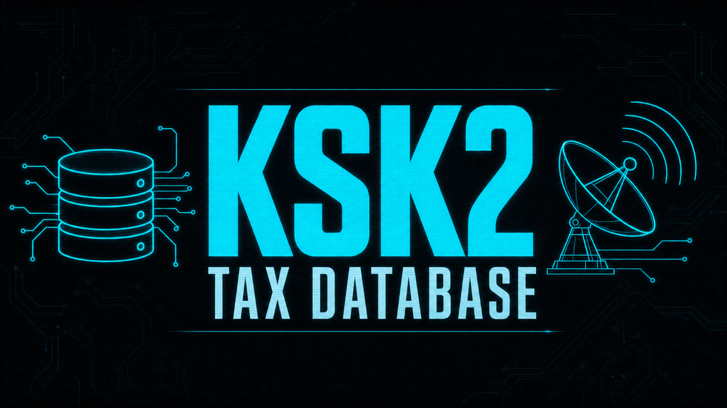 Blue neon banner reading 'KSK2 Tax Database' with a stacked data server icon on the left and a satellite dish on the right, all on a circuit-board background.