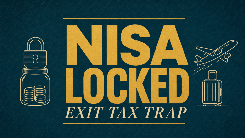 Bold gold text reads 'NISA LOCKED' with 'EXIT TAX TRAP' beneath; left shows a lock with coins in a jar, right shows a suitcase and an airplane in outline.